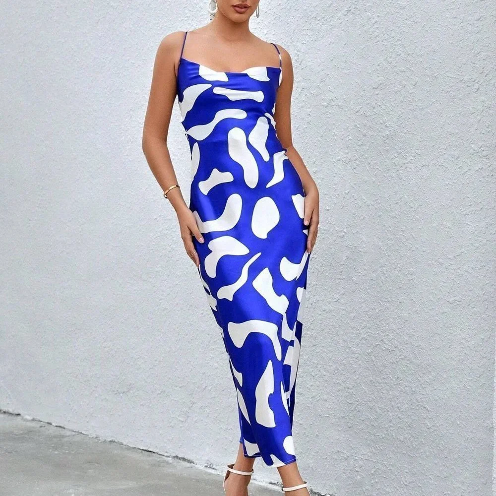 Blue & White Preppy Womens Allover Print Draped Collar Cami Dress - Picture 5 of 5